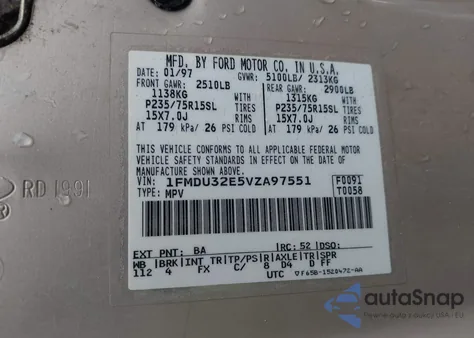 1997 Ford Explorer Eddie Bauer/Limited/Xl/Xlt z USA, uszkodzony, nr VIN 1FMDU32E5VZA97551